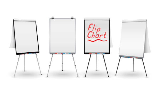 ilustrações de stock, clip art, desenhos animados e ícones de flip chart set vector. office whiteboard for business training. blank sheet of paper on a tripod. presentation stand board. white clean epty paper. isolated illustration - flipchart whiteboard easel chart