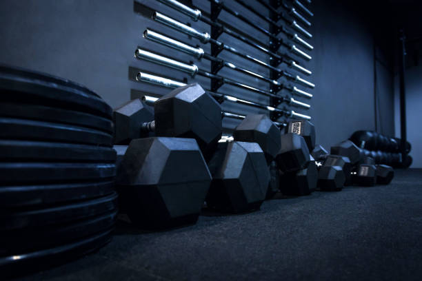 Rows of dumbbells in a gym