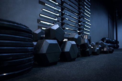Rows of dumbbells in a gym