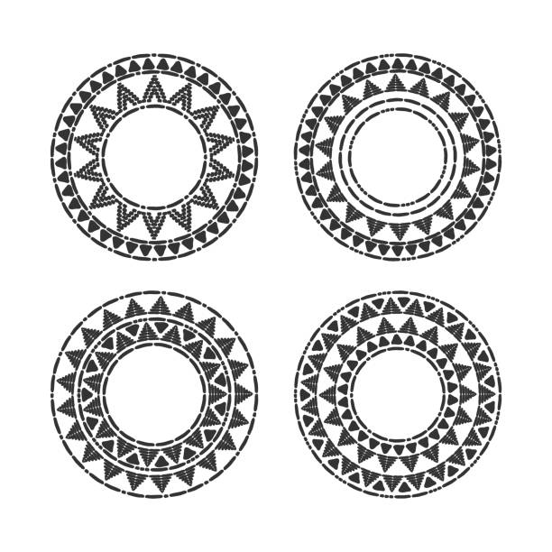 Tribal round frames set vector Tribal round frames set vector. African, mexican, Peruvian or Aztec decorative elements. Black contour unique design for tribes logos, badge, labels or boho tattoo. sun borders stock illustrations
