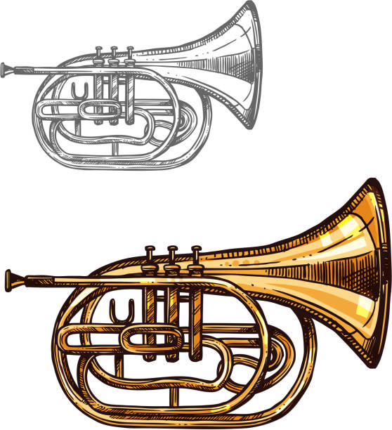 ilustrações, clipart, desenhos animados e ícones de esboço de instrumento de música jazz trombeta ou chifre - bugle trumpet jazz music
