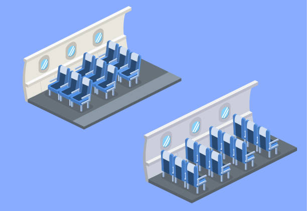 Isometric 3D vector illustration concept interior inside the plane with empty armchair Isometric 3D vector illustration concept interior inside the plane with empty armchair airplane seat stock illustrations