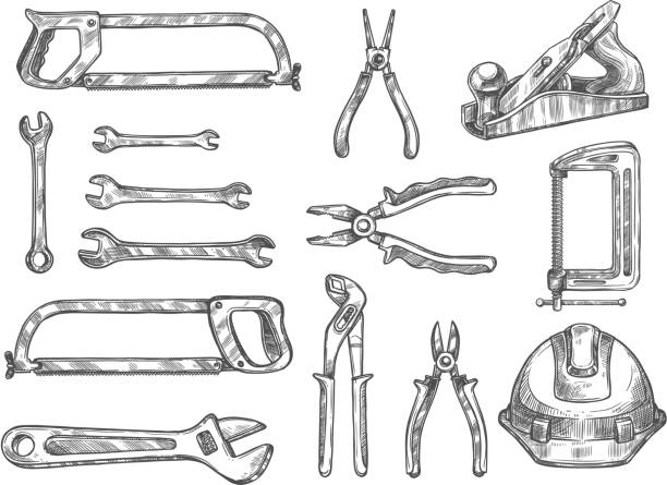 建設と修理の分離ツール スケッチ セット - wrench isolated equipment work tool点のイラスト素材／クリップアート素材／マンガ素材／アイコン素材