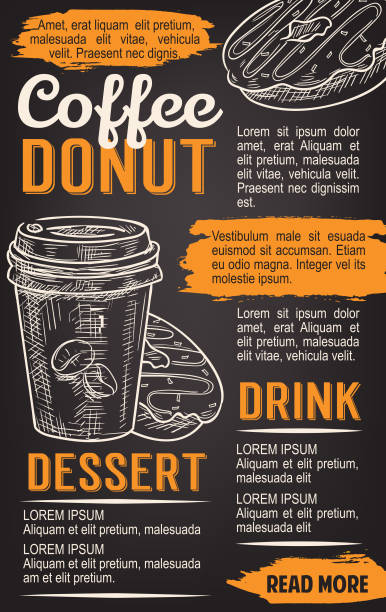 illustrazioni stock, clip art, cartoni animati e icone di tendenza di modello poster ciambella e lavagna di caffè - coffee donut old fashioned snack