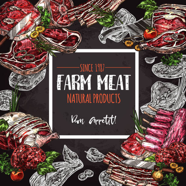 ilustrações de stock, clip art, desenhos animados e ícones de fresh meat farm food chalkboard poster design - steak pork chop bacon