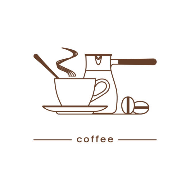 A cup of hot coffee, coffee beans, cezve. Linear icon, logo for the menu, web site, mobile application. A symbol of a coffee house, a cafe, a coffee shop. Vector illustration. A cup of hot coffee, coffee beans, cezve. Linear icon, logo for the menu, web site, mobile application. A symbol of a coffee house, a cafe, a coffee shop. Vector illustration. breakfast room stock illustrations