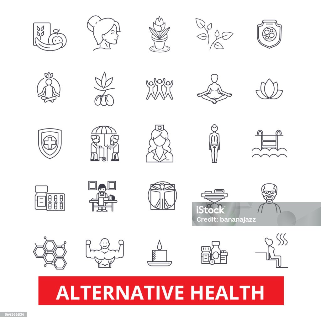 Alternative health, healing, medicine, acupuncture, therapy, herbal homeopathy line icons. Editable strokes. Flat design vector illustration symbol concept. Linear signs isolated on white background Lotus Position stock vector