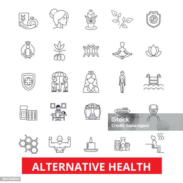 Alternative Health Healing Medicine Acupuncture Therapy Herbal Homeopathy Line Icons Editable Strokes Flat Design Vector Illustration Symbol Concept Linear Signs Isolated On White Background Stock Illustration - Download Image Now
