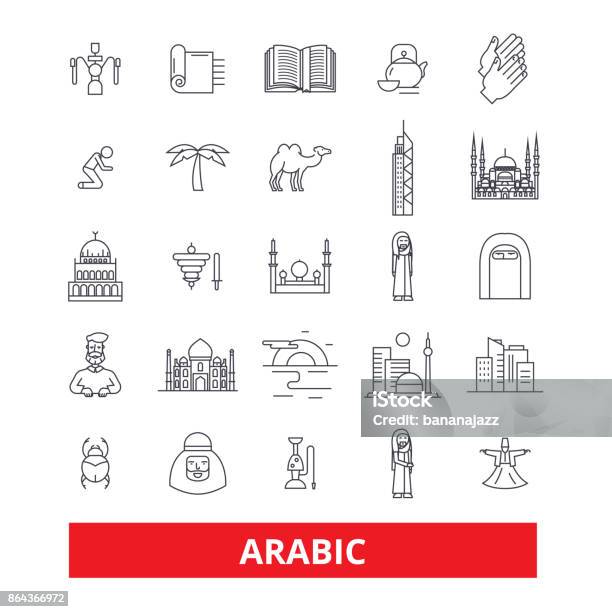 Arabic Arab Islamic Calligraphy Arabian Arabesque Muslim Religion Line Icons Editable Strokes Flat Design Vector Illustration Symbol Concept Linear Signs Isolated On White Background Stock Illustration - Download Image Now