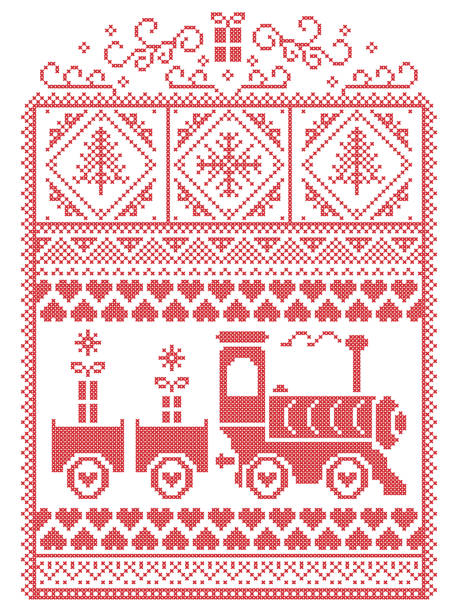bildbanksillustrationer, clip art samt tecknat material och ikoner med elegant jul scandinavian, nordisk stil vintern sömmar, mönster inklusive snöflinga, hjärtat, tjänar storkovan, julgran, julklapp, snö i röd, vit i dekorativ ram - winter wonderland
