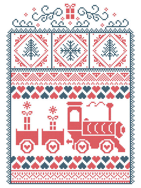 bildbanksillustrationer, clip art samt tecknat material och ikoner med elegant jul scandinavian, nordisk stil vintern sömmar, mönster inklusive hjärta, snöflinga, tjänar storkovan, julgran, julklapp, snö i röd, vit, blå i dekorativ ram - winter wonderland
