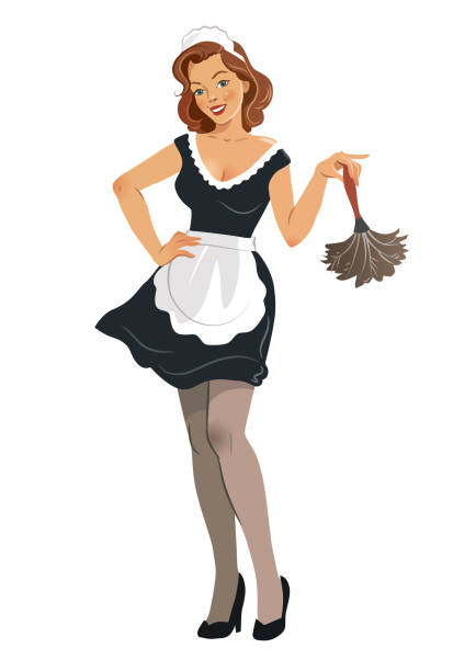 ilustraciones, imágenes clip art, dibujos animados e iconos de stock de ilustración de vector de una sonriente mujer joven hermosa con traje de mucama francés con vestido negro y delantal blanco, con un plumero, en estilo vintage retro chica pinup, aislado en blanco. - maid french maid outfit sensuality duster