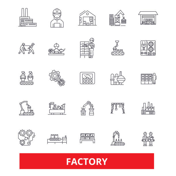 Factory, warehouse, facility, workshop, plant, production, manufacturing, site line icons. Editable strokes. Flat design vector illustration symbol concept. Linear signs isolated on white background Factory, warehouse, facility, workshop, plant, production, manufacturing, site line icons. Editable strokes. Flat design vector illustration symbol concept. Linear signs isolated on white background nuclear energy stock illustrations