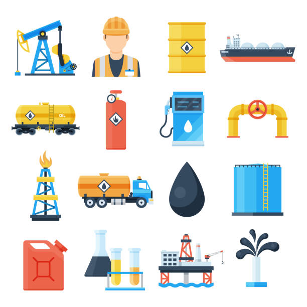Oil industry icon Oil industry icon. Petroleum business, exporter of natural energy, developing oil and gas field. Vector flat style cartoon illustration isolated on white background oil industry stock illustrations