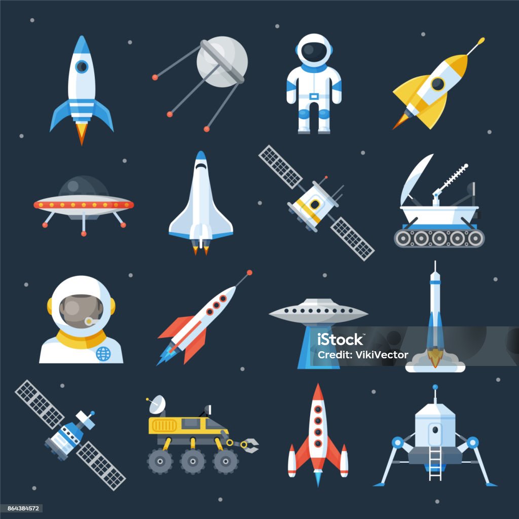 Spacecraft shuttle exploration Spacecraft shuttle exploration. Fly in outer space vehicle and machine, astronomy station. Vector flat style illustration isolated on starry sky background Satellite stock vector