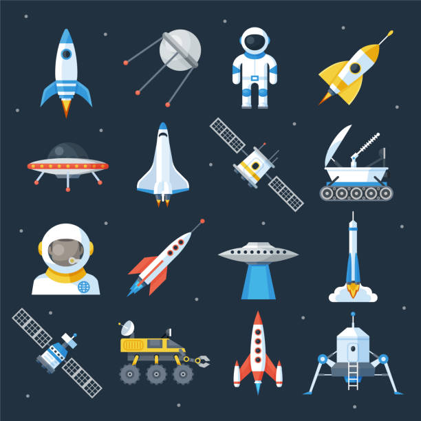 Spacecraft shuttle exploration Spacecraft shuttle exploration. Fly in outer space vehicle and machine, astronomy station. Vector flat style illustration isolated on starry sky background space exploration stock illustrations