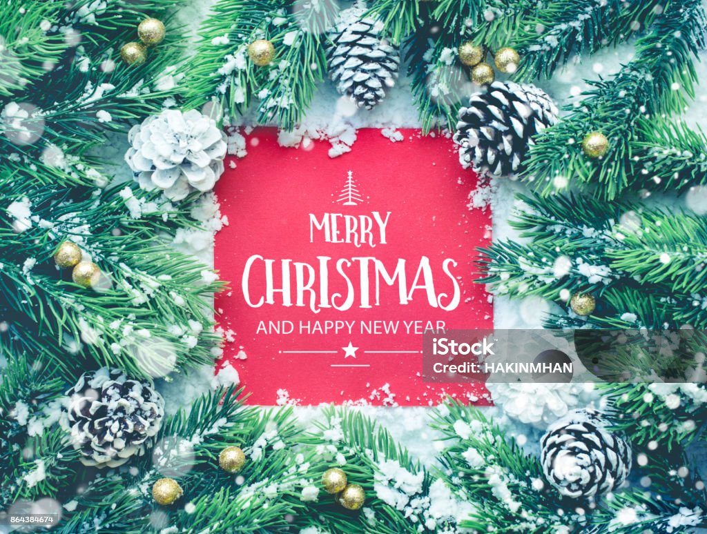 Frohe Weihnachten und ein glückliches neues Jahr Text mit Ornament Dekoration - Lizenzfrei Weihnachten Stock-Foto