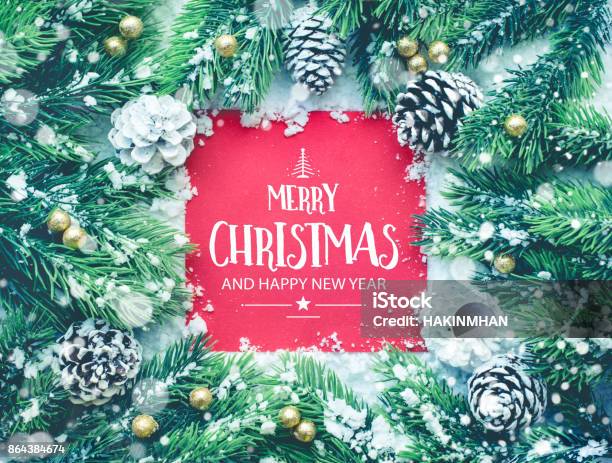 Merry Christmas And Happy New Year Text With Ornament Decoration Stock Photo - Download Image Now
