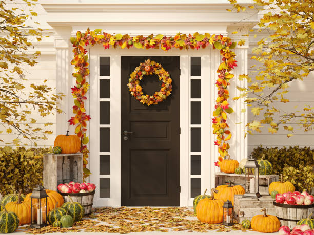 istock autumn decorated house with pumpkins and hay. 3d rendering 864388868
