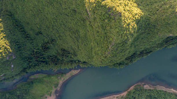 istock Static vertical top down aerial view of mountain and river 864400676