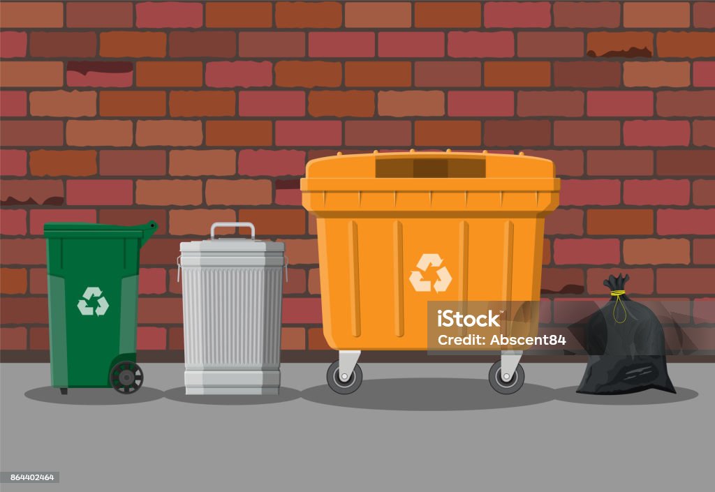 Recycling and utilization equipment Can container, bag and bucket for garbage on street. Recycling and utilization equipment. Waste management. Vector illustration in flat style Garbage Bin stock vector