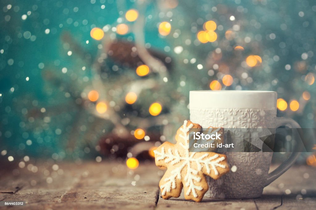 Christmas or New Year composition with cocoa, marshmallows, gingerbread cookies and christmas decorations Vacations Stock Photo