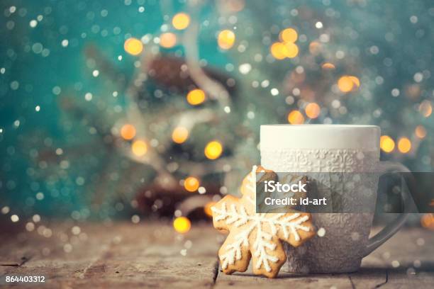 Christmas Or New Year Composition With Cocoa Marshmallows Gingerbread Cookies And Christmas Decorations Stock Photo - Download Image Now