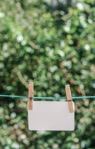 istock empty white paper hanged with clothes pegs on rope at garden 864407362
