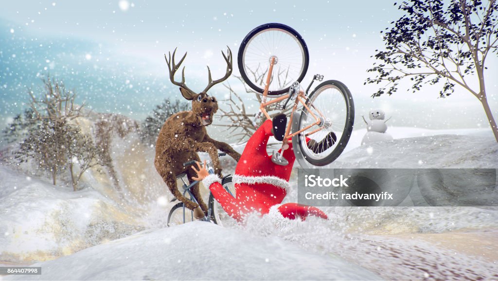 Santa Claus on bicycle with friend reindeer Funny Bad Santa Claus on bicycle with friend. Merry Christmas and Happy New Year! Saint Nicholas day. Mannequin Challenge. Christmas Stock Photo