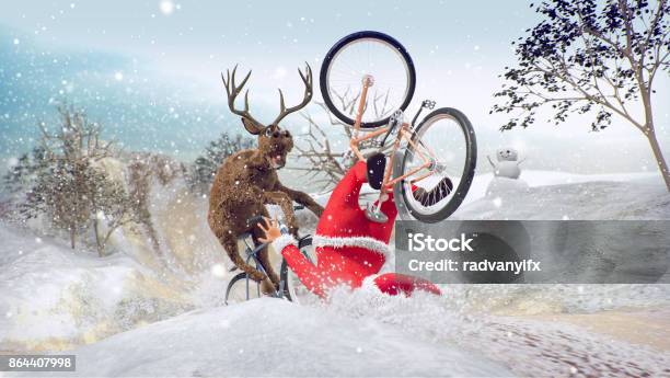 Santa Claus On Bicycle With Friend Reindeer Stock Photo - Download Image Now - Christmas, Humor, Bizarre