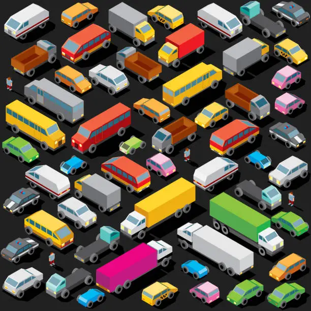 Vector illustration of Isometric Cars Parking. Vector Image