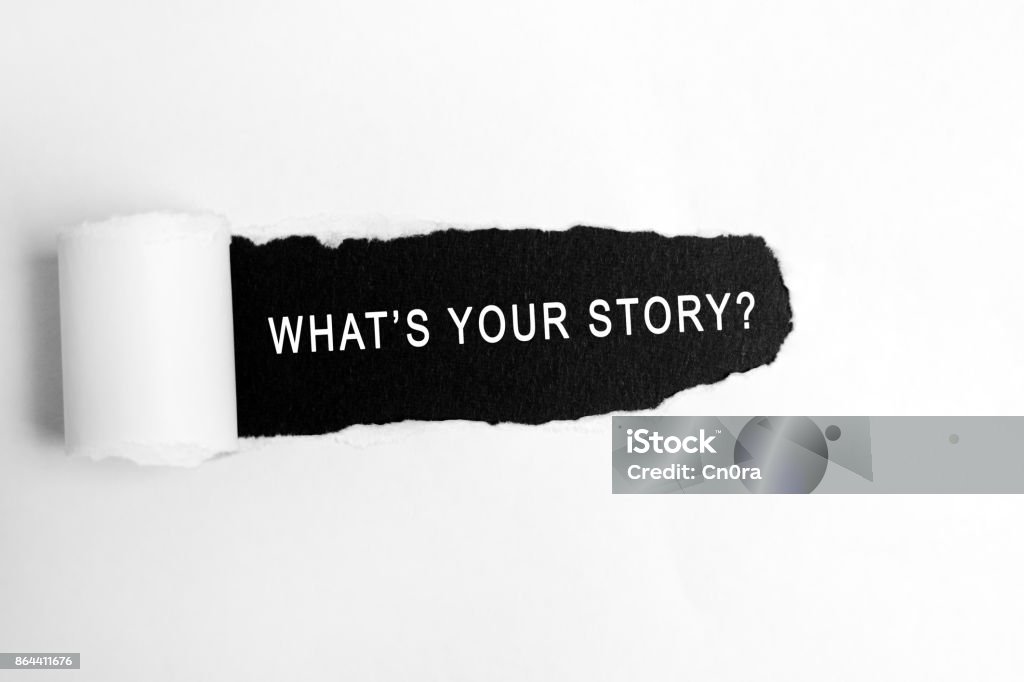 What's Your Story on Torn Paper Paper, Single Word, Question Mark Storytelling Stock Photo