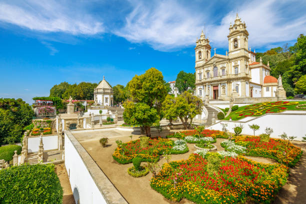 Good Jesus of the Mount Historic Church of Bom Jesus do Monte and her public garden. Tenoes, Braga. The Basilica is a popular landmark and pilgrimage site in northern Portugal. Aerial landscape on the top of Braga mountain. braga district stock pictures, royalty-free photos & images