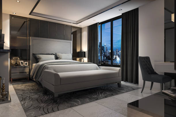 3d rendering modern luxury bedroom suite in hotel with decor stock photo