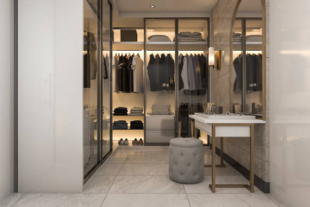 istock 3d rendering make up and dressing table between walk in closet with golden decor 864413288