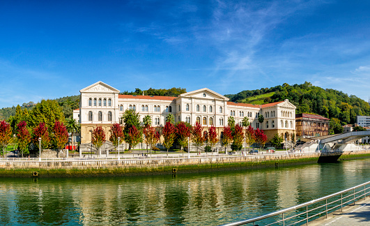 Panoramic view of Deusto Catholic University at Bilbao, Basque Country, Spain. Ria del Nervion o de Bilbao.