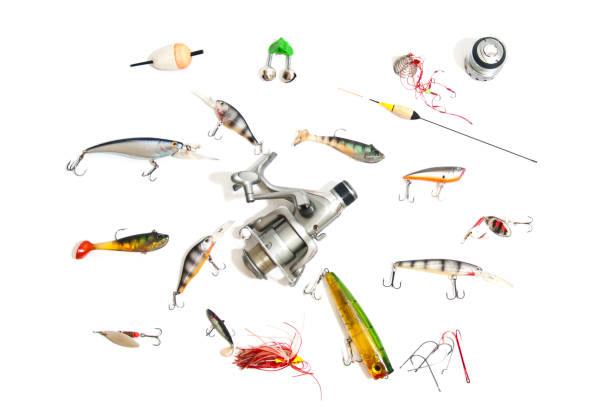 istock Big set fishing tackle, isolated on white. 864415578