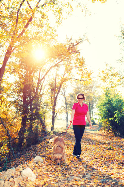 istock Woman on autumn walk with golden retriver 864416978