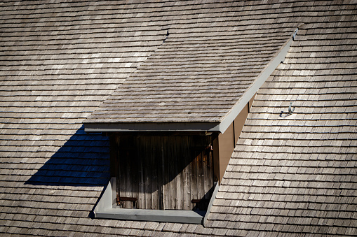 A black forest farm roof of wooden shingles with a dormer