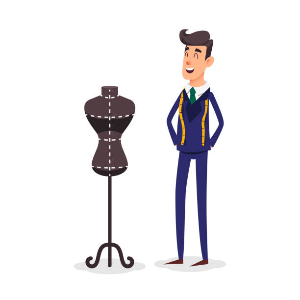 illustrations, cliparts, dessins animés et icônes de dessin animé couture tailleur heureux avec un centimètre de ruban autour du cou. créateur de mode debout près du mannequin. couturière avec ruban à mesurer. mannequin de couturière et de la femelle. tailleurs mode stand - créateur de mode