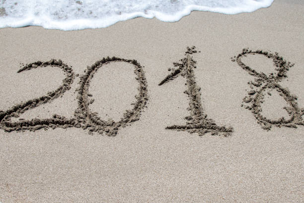 istock 2018 written on the sand of a beach, closeup 864418218