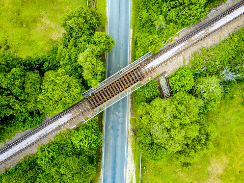Drone shot of a unused train track in England.