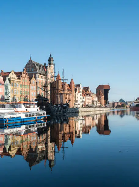 Riverfront to old town in Gdansk, Poland. The main buildings were rebuilt after the 2nd World War.