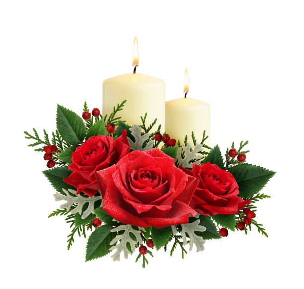 istock Christmas composition with red rose flowers and candles 864422430