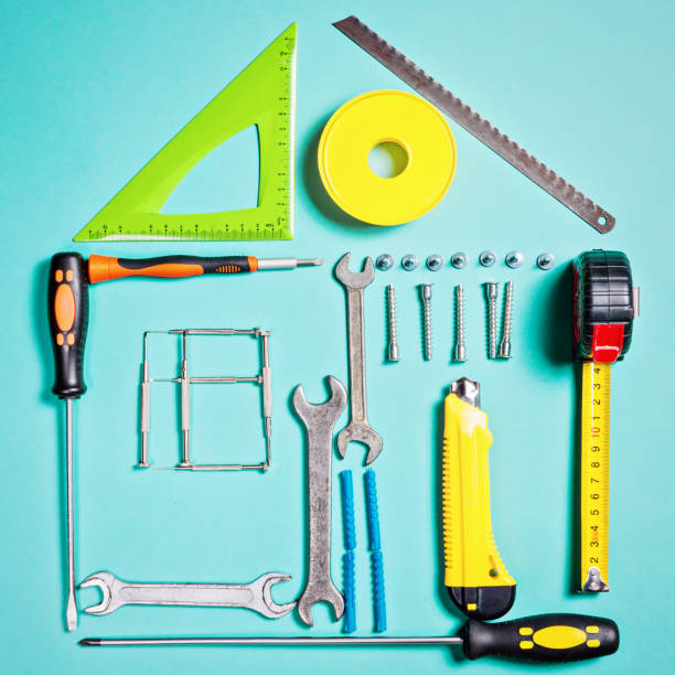 istock Home improvement concept. Set work hand tool for construction or repair of house 864425076