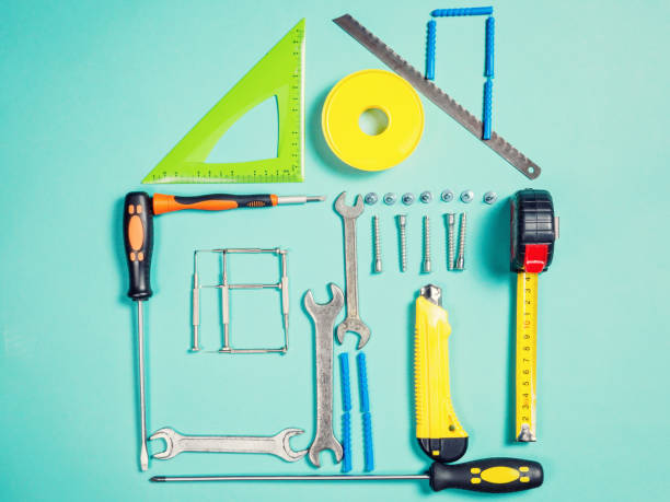 istock Home improvement concept. Set work hand tool for construction or repair of house 864425612