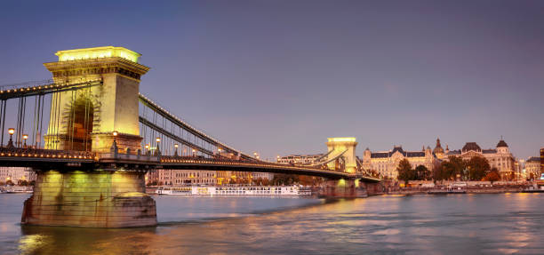 Illuminated panoramic view of Szechenyi Chain Bridge and St Stephen's Basilica in Budapest at night