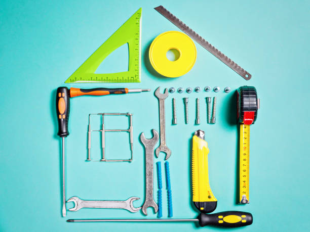istock Home improvement concept. Set work hand tool for construction or repair of house 864425982