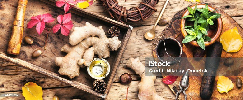 Ginger root for tea Ginger root and natural medical ingredients for medicinal tea and tinctures Herbal Medicine Stock Photo