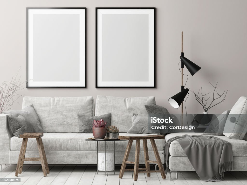 Mock up posters in Nordic hipster living room Mock up posters in Nordic hipster living room, 3d render, 3d illustration Art Stock Photo